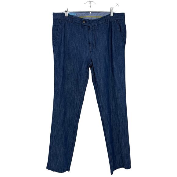 J Mclaughlin Men Oxford Linen Dress Pants size 36X34 Blue Chambray Office Preppy - Picture 1 of 10